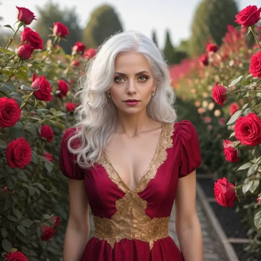 Prompt: Silver hair woman with amber eyes in a rose garden with a red and gold dress