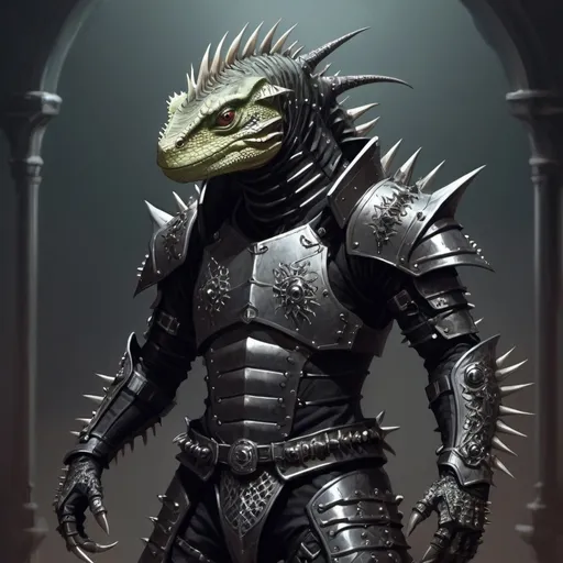 Prompt: Sci-fi lizard man with spiked tail and gothic design combat armor 