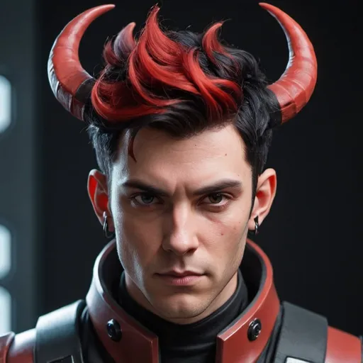 Prompt: Male Sci-fi protagonist with horns and red and black hair 