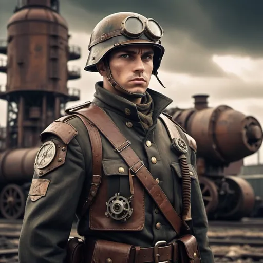 Prompt: Dieselpunk soldier with shoulder cape 