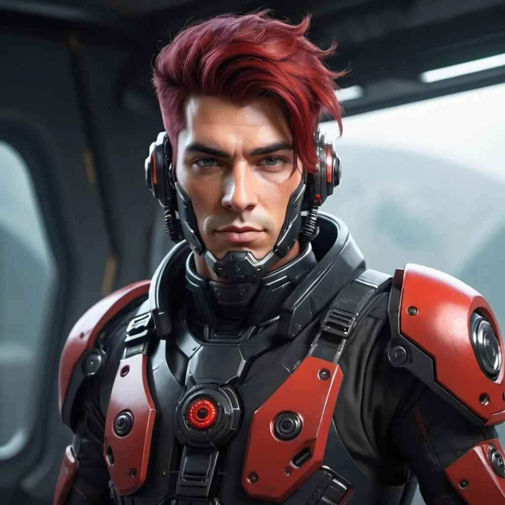 Sci-fi male mech pilot with black and red hair