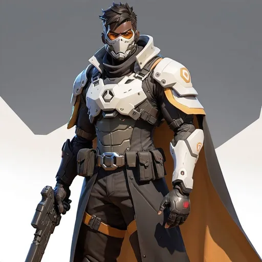 Prompt: Male overwatch soldier with Knight helmet in black and has a trench coat with a cape on the left shoulder 