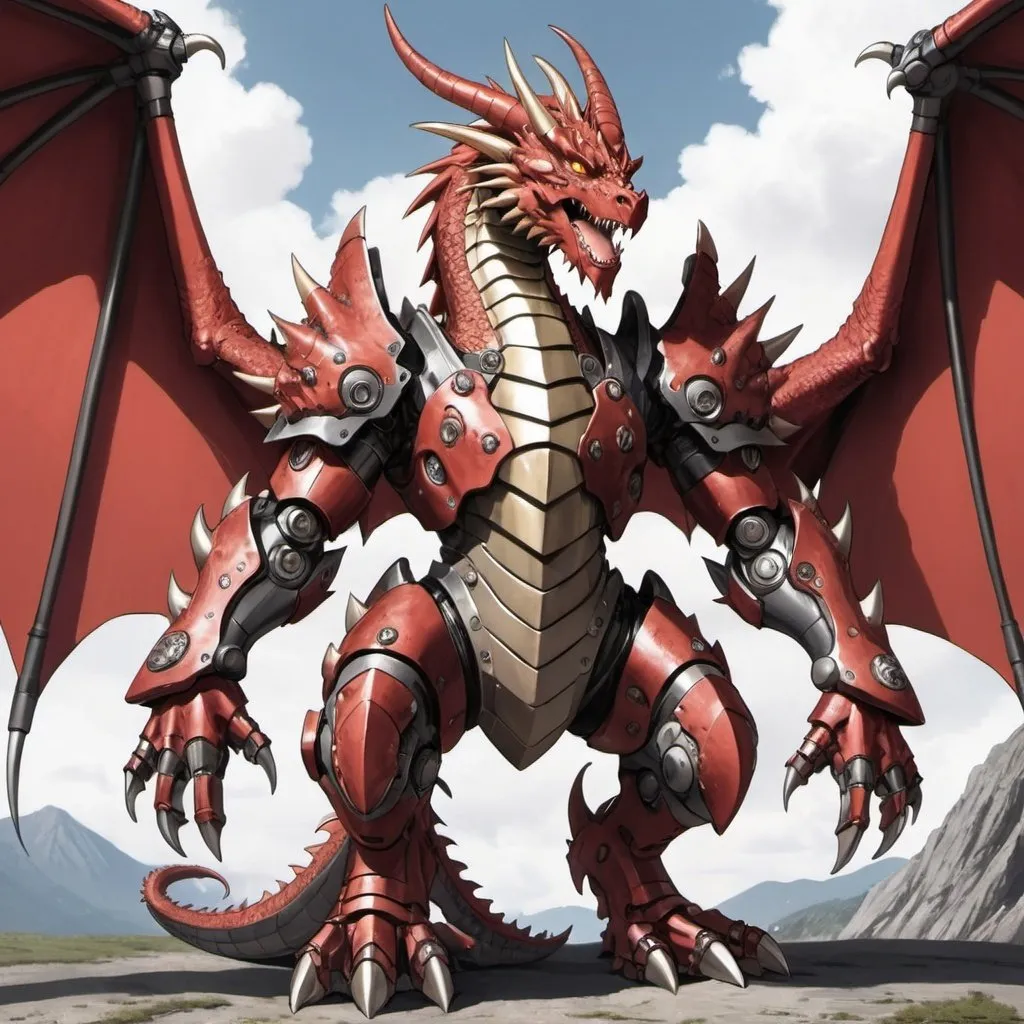 Prompt: Anime dragon that has four arms with power armor 