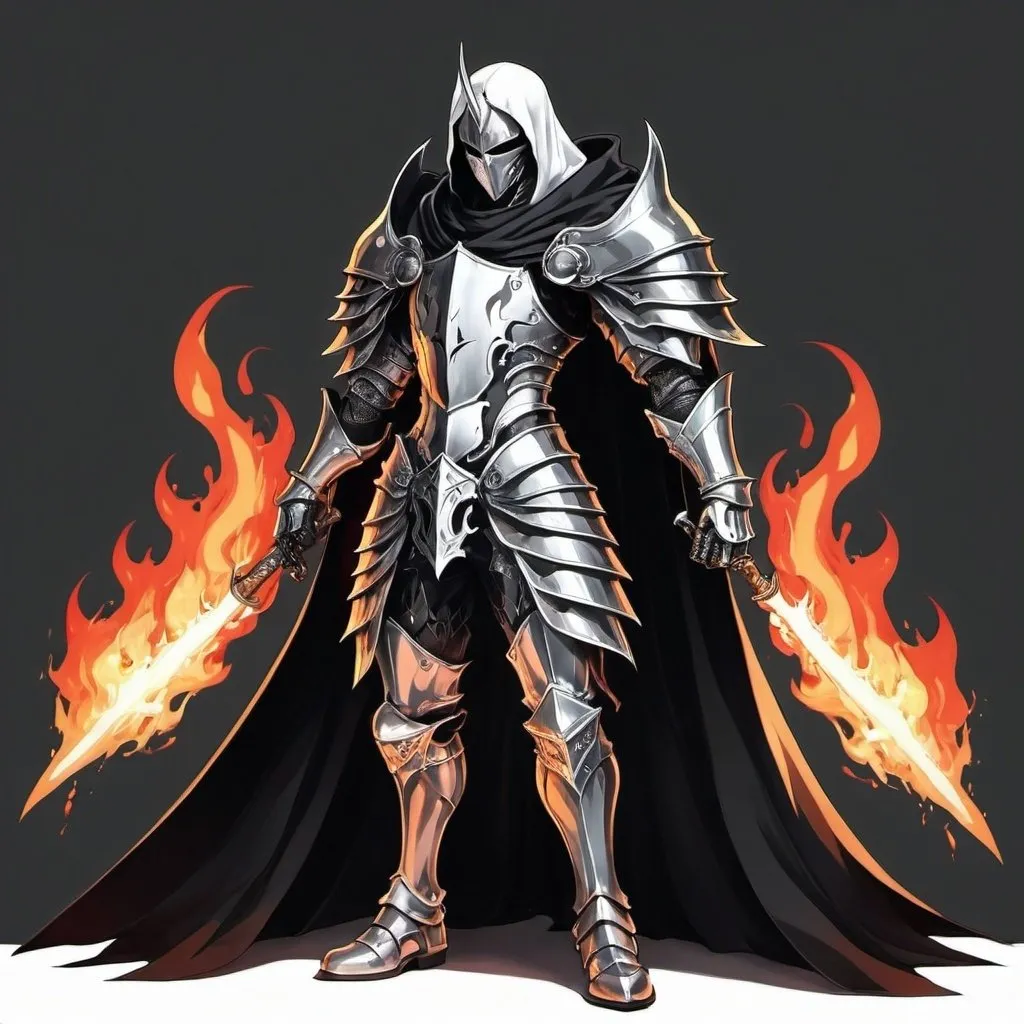 Prompt: Evil anime knight with black and white flame cape 