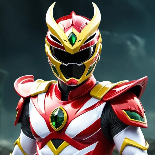 Prompt: Power ranger with dragon helmet with red and gold color 