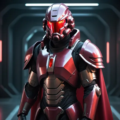 Prompt: Sci-fi male soldier with crimson shoulder cape and power armor 