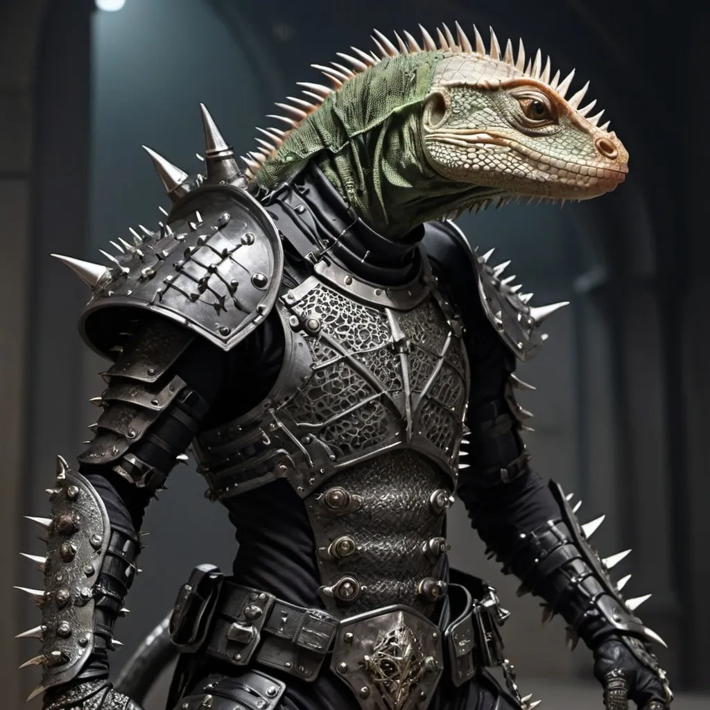 Prompt: Sci-fi lizard man with spiked tail and gothic design combat armor 