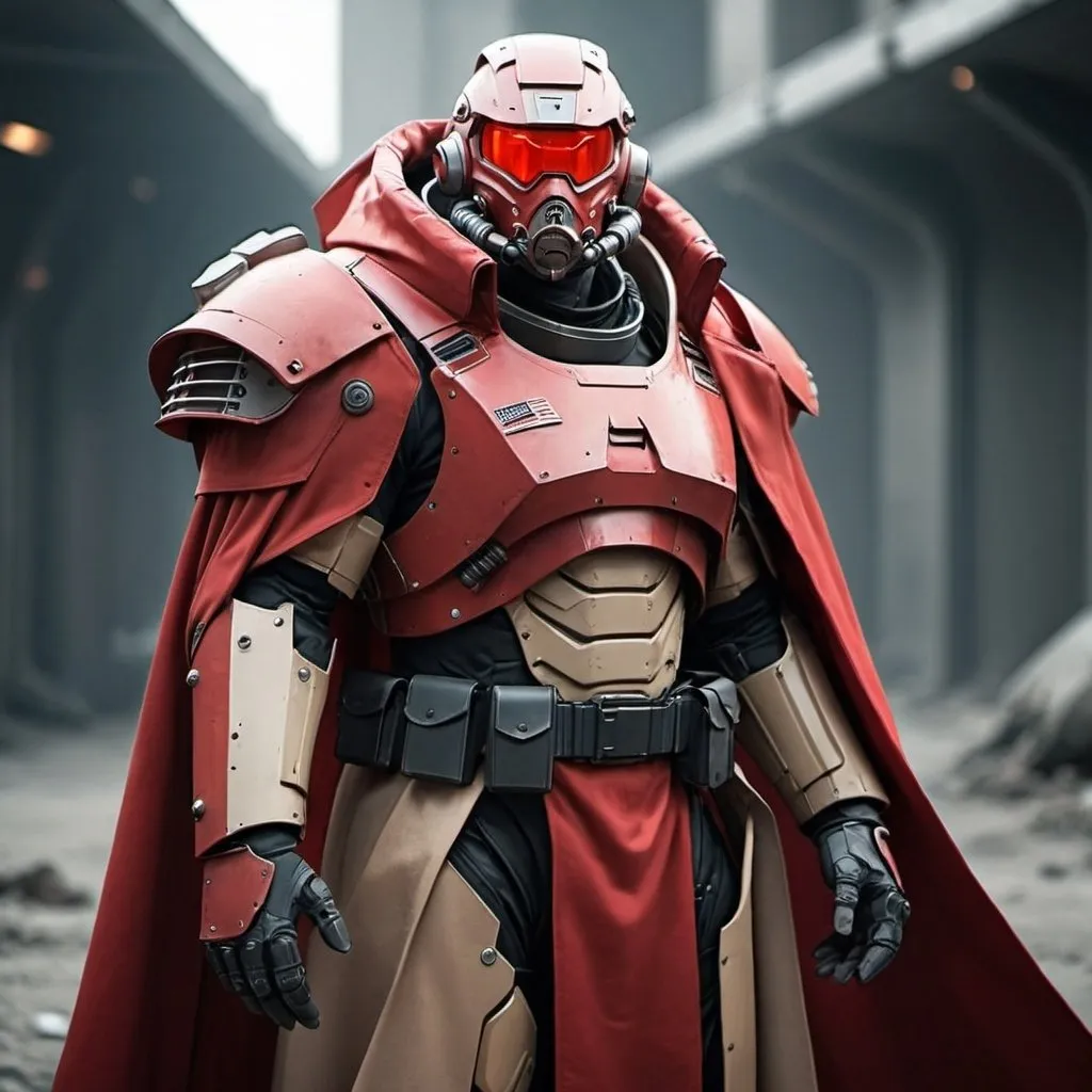 Prompt: Sci-fi soldier in power armor with a shoulder cape and trench coat in red