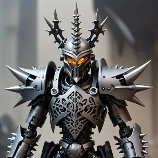 Prompt: Sci-fi Bionicle soldier with gothic design in  with a spiked crown and shoulder cape