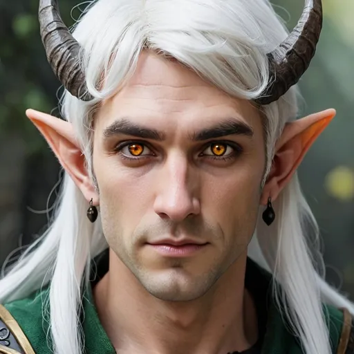 Prompt: Horned elf male with black and white hair with amber eyes 