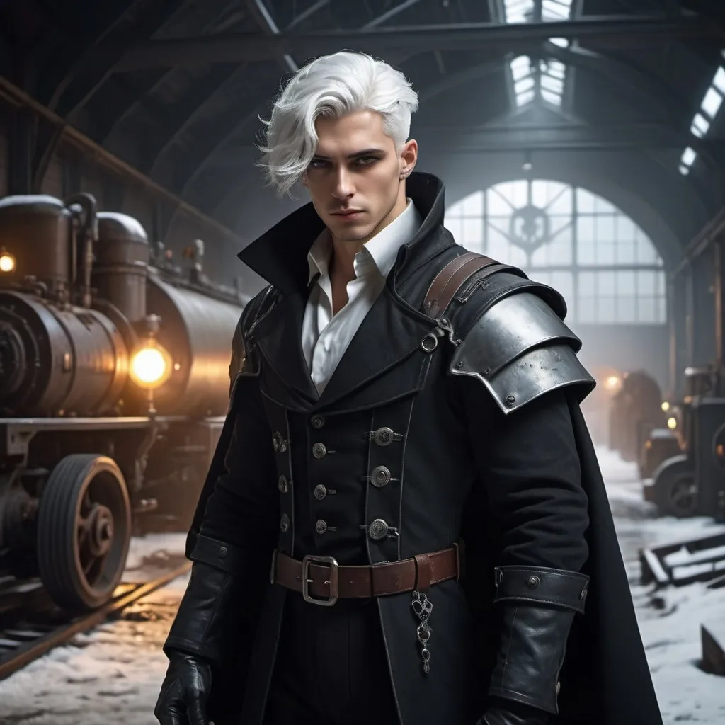 Prompt: Dieselpunk male protagonist with gothic design and shoulder cape that also has snow white hair and amber eyes