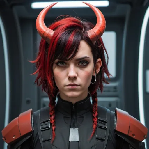 Prompt: Sci-fi protagonist with horns and red and black hair 