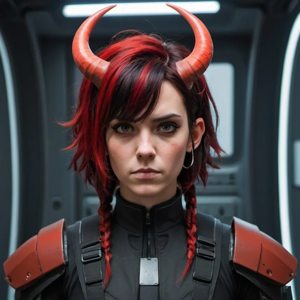 Prompt: Sci-fi protagonist with horns and red and black hair 