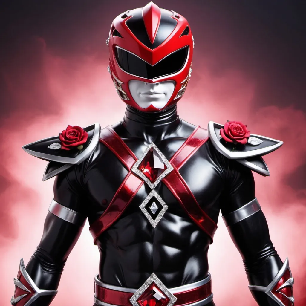 Prompt: Evil power ranger in black and red with crystal roses 