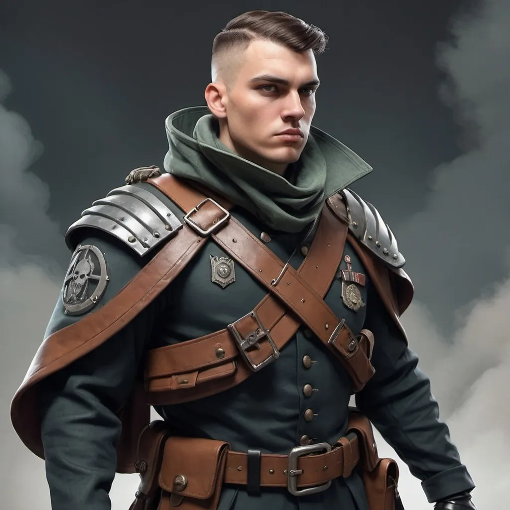 Prompt: Dieselpunk soldier with shoulder cape and has a raider design 