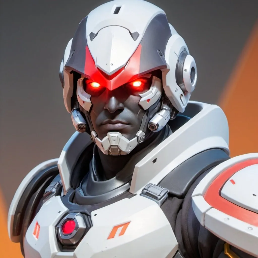 Prompt: Male overwatch soldier with Knight helmet and red eyes 