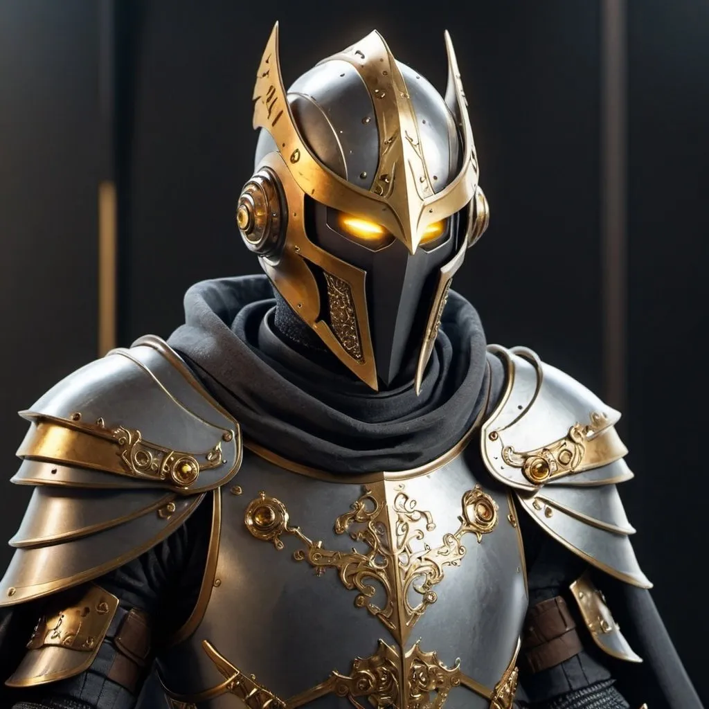 Prompt: Sci-fi Knight with gold eyes and has a shoulder cape 