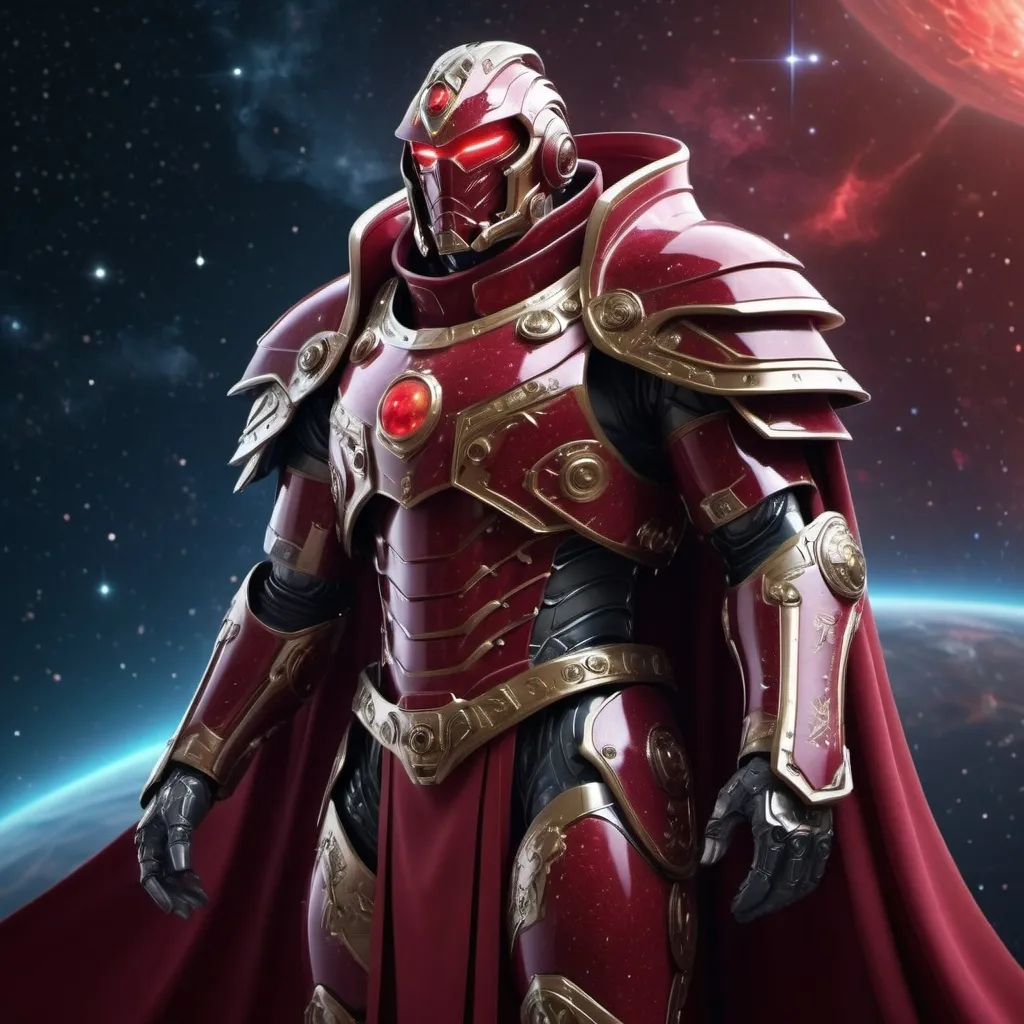 Prompt: Sci-fi male emperor with crimson shoulder cape and power armor 