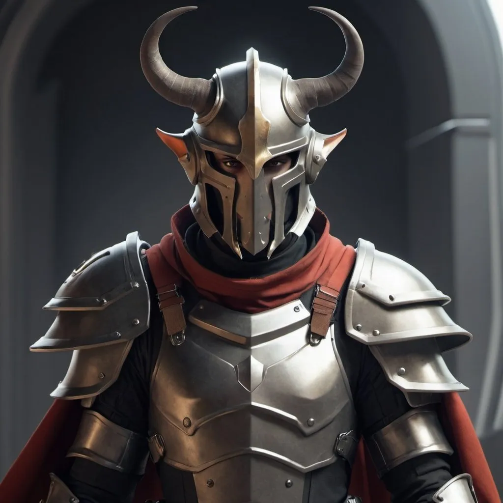 Prompt: Sci-fi soldier that has horns with shoulder cape and Knight helmet 