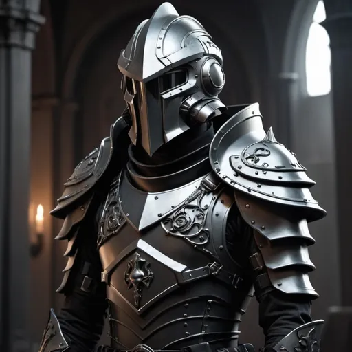 Prompt: Sci-fi soldier with gothic design that has a shoulder cape and Knight helmet 