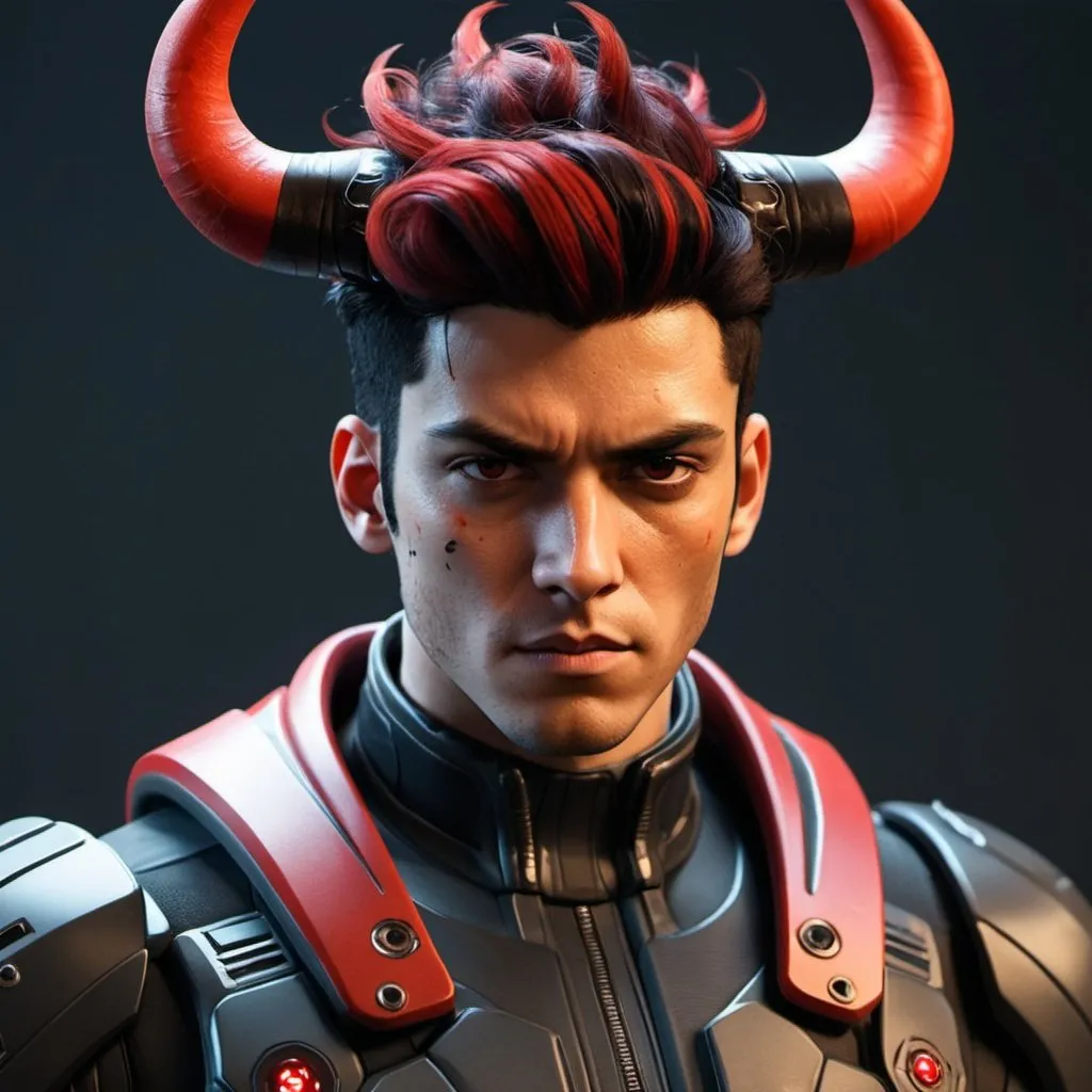 Prompt: Male Sci-fi protagonist with horns and red and black hair 