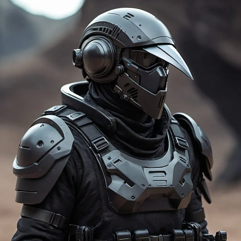 Prompt: Sci-fi soldier with raven helmet 