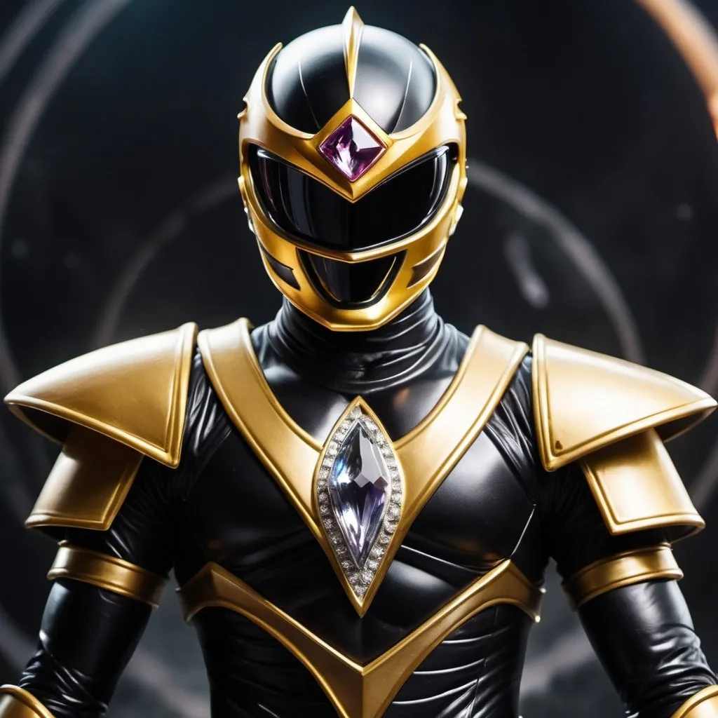 Prompt: Evil black and gold power ranger knight with crystal eclipse in the middle of the chest 