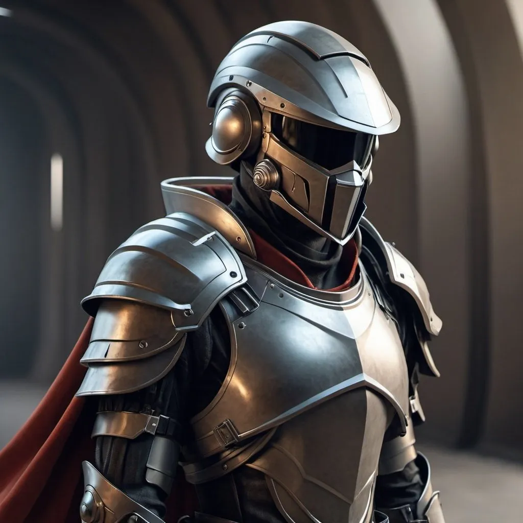 Prompt: Sci-fi soldier with shoulder cape and Knight helmet 