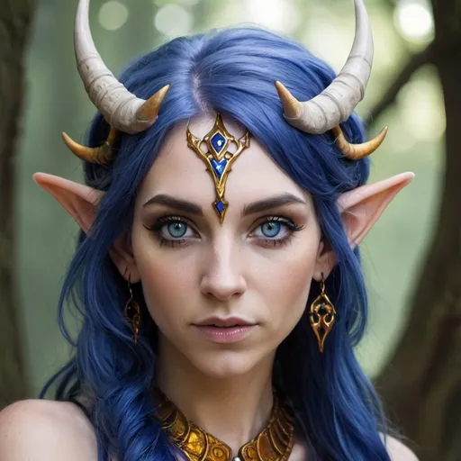 Prompt: Horned elf woman with sapphire hair and amber eyes 