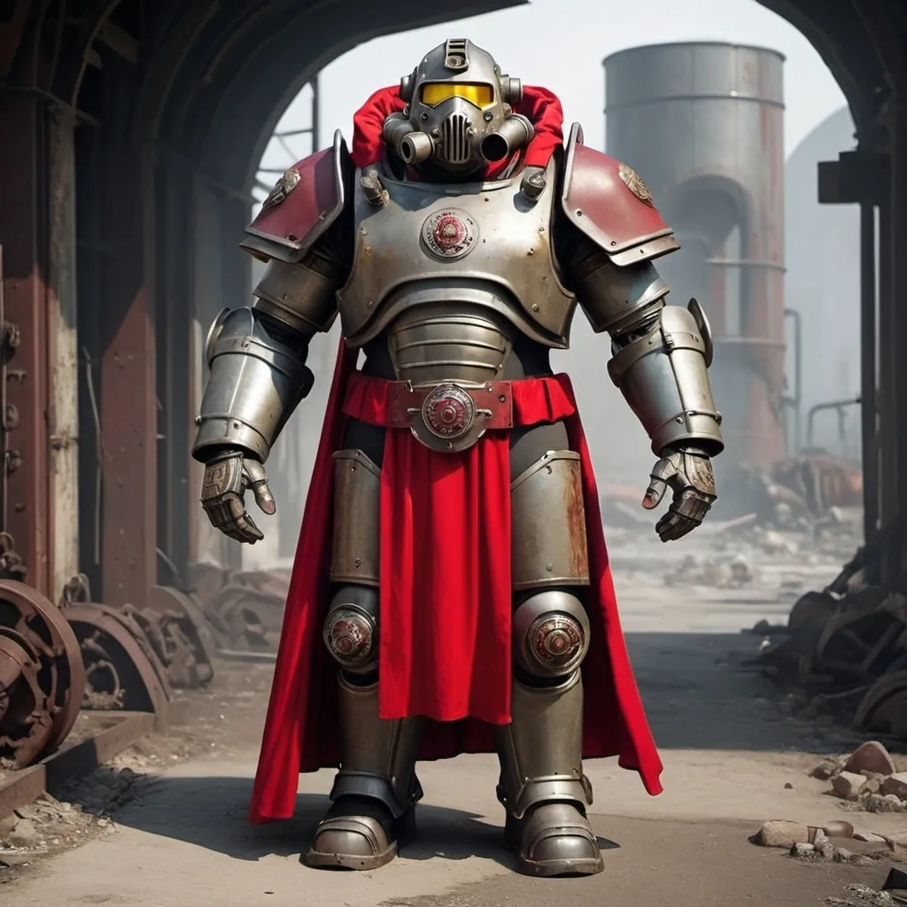 Prompt: Dieselpunk bulky fallout power armor with roman design with a crimson shoulder cape and crimson hooded helmet 