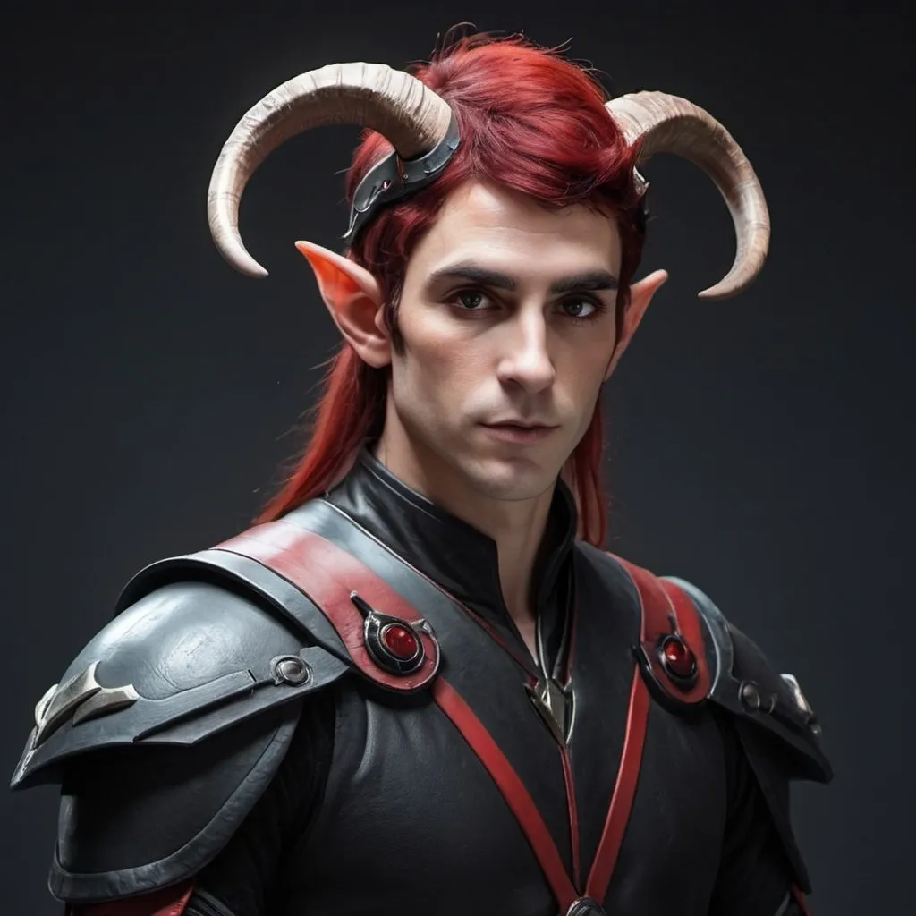 Prompt: Male elf Sci-fi protagonist with horns and red and black hair 