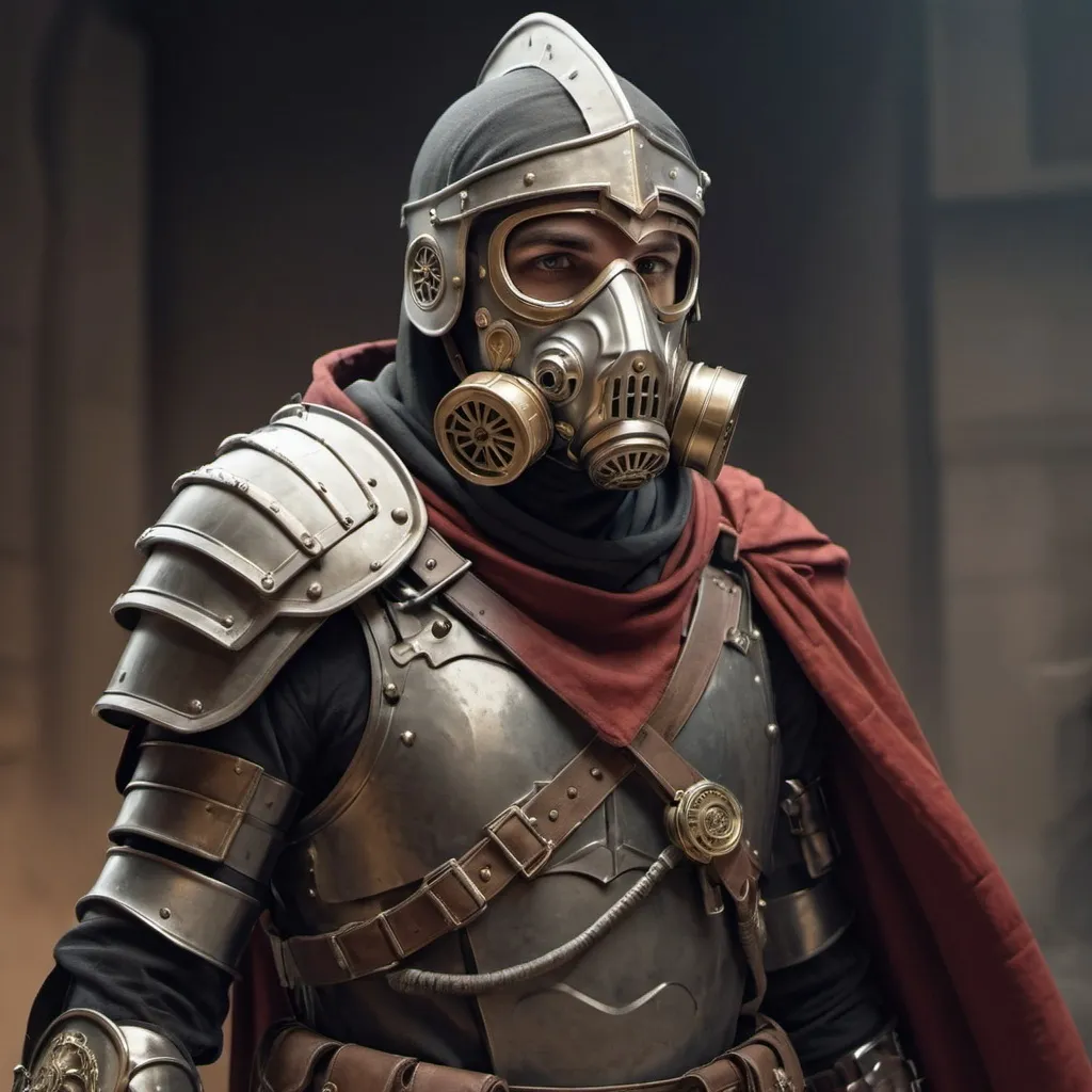 Prompt: Sci-fi mercenary with roman design and has shoulder cape wearing a Knight helmet with gas mask