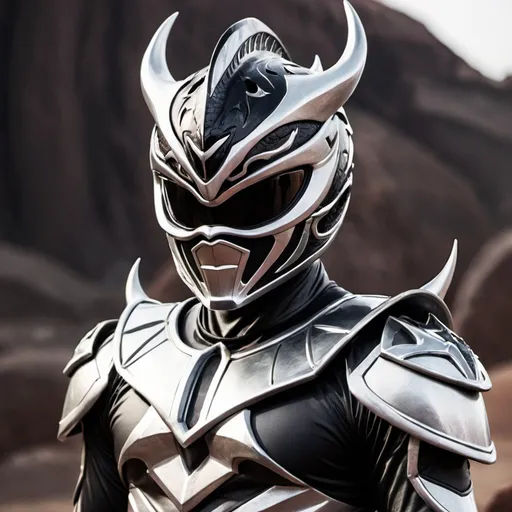 Prompt: Power ranger with dragon helmet with black and silver color that has horns