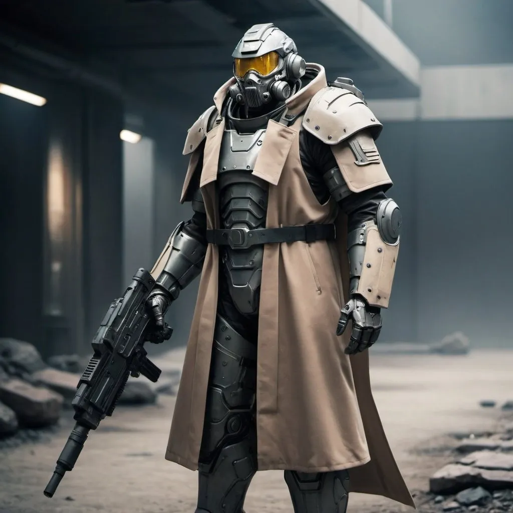 Prompt: Sci-fi soldier in power armor with a shoulder cape and trench coat 