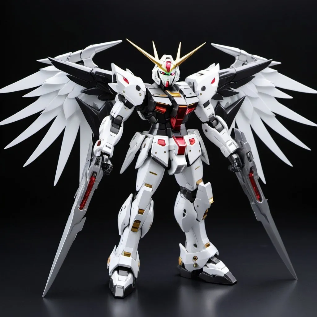 Prompt: Gundam devil with energy wings in silver and white and black with halo