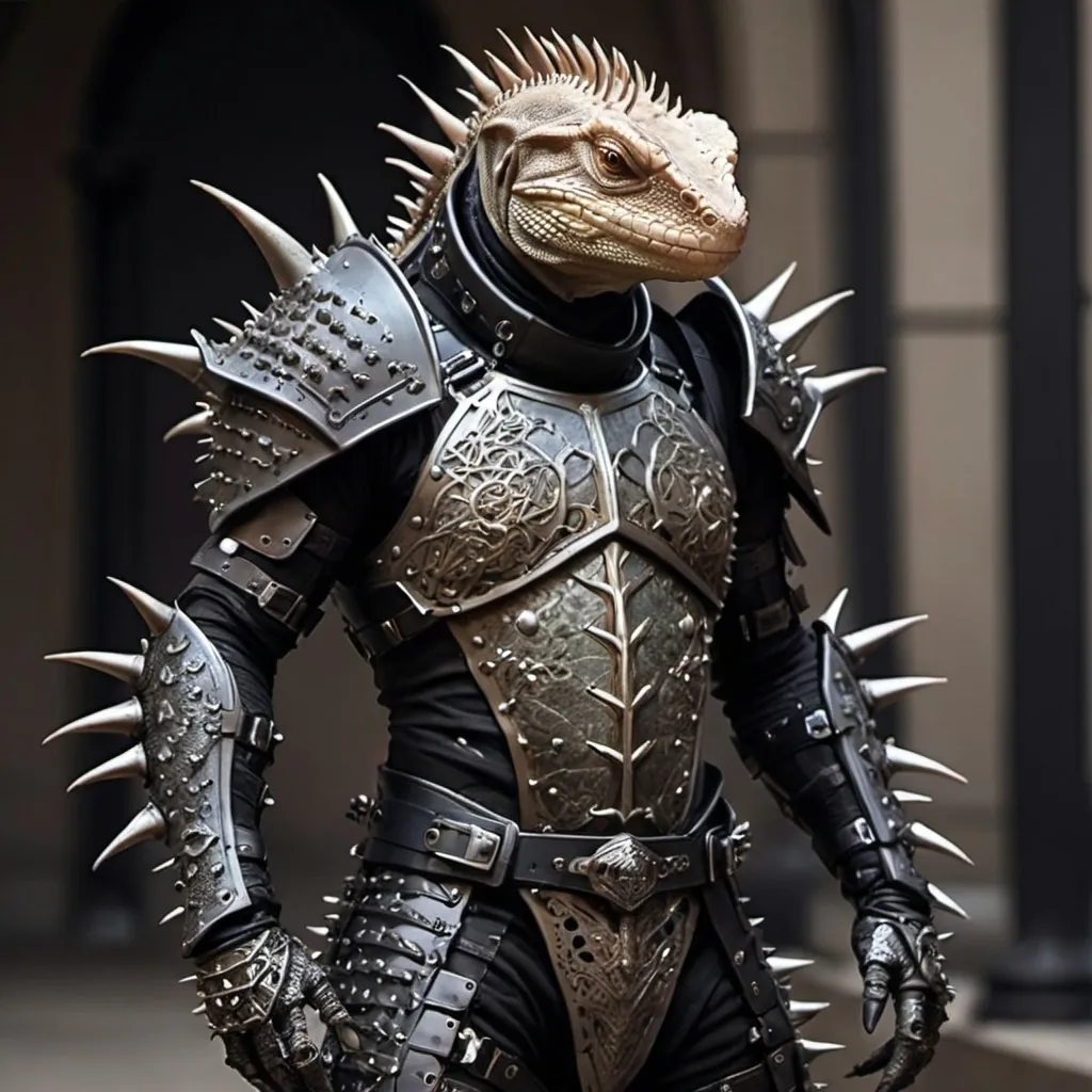 Prompt: Sci-fi lizard man with spiked tail and gothic design combat armor 