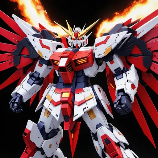 Prompt: Devil gundam mech with wings of red and black energy blazing like the sun