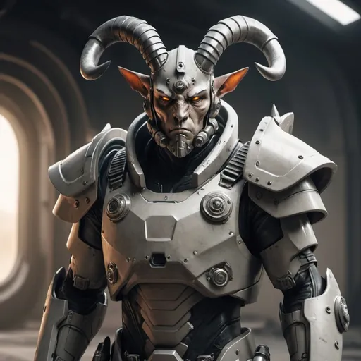 Prompt: Sci-fi soldier with horns and shoulder cape in power armor 