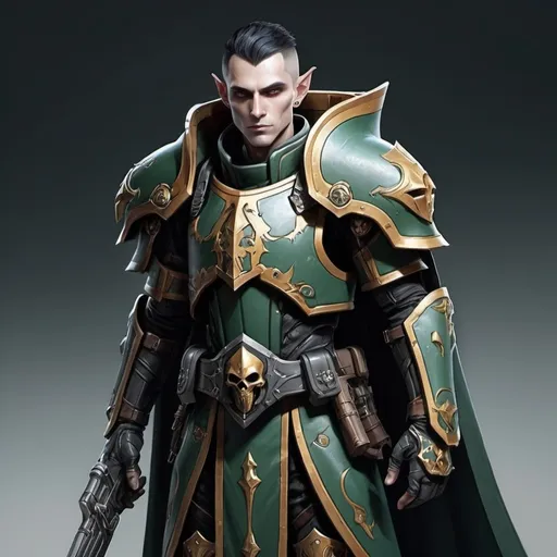 Prompt: Sci-fi male elf with Warhammer 40k armor design and shoulder cape with a sleek motif but also has a gothic design and helmet 