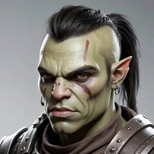 Prompt: Sci-fi half orc soldier with pale skin