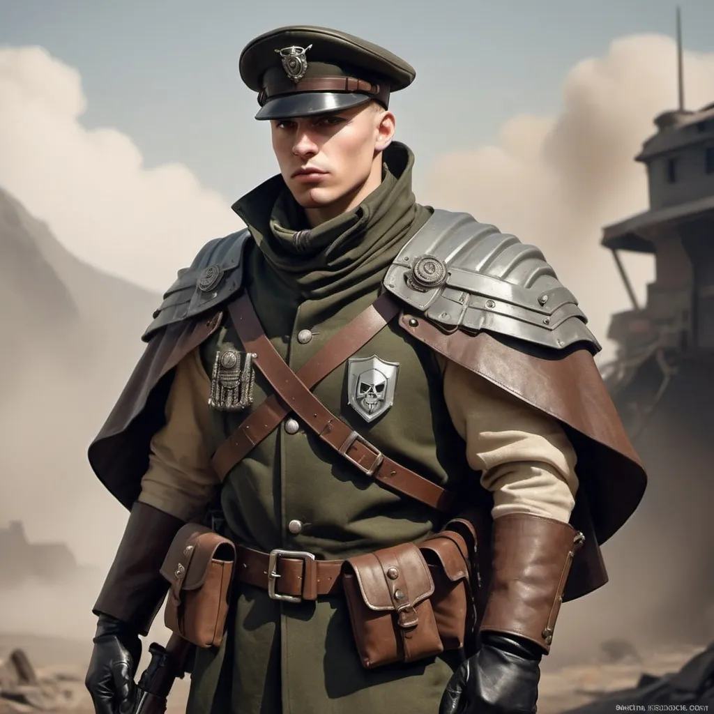 Prompt: Dieselpunk soldier with shoulder cape and has a raider design 