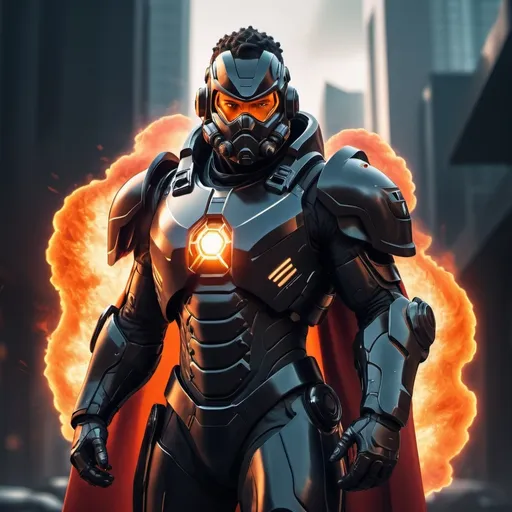 Prompt: Sci-fi male soldier in black power armor with energy cape with a bit of flame