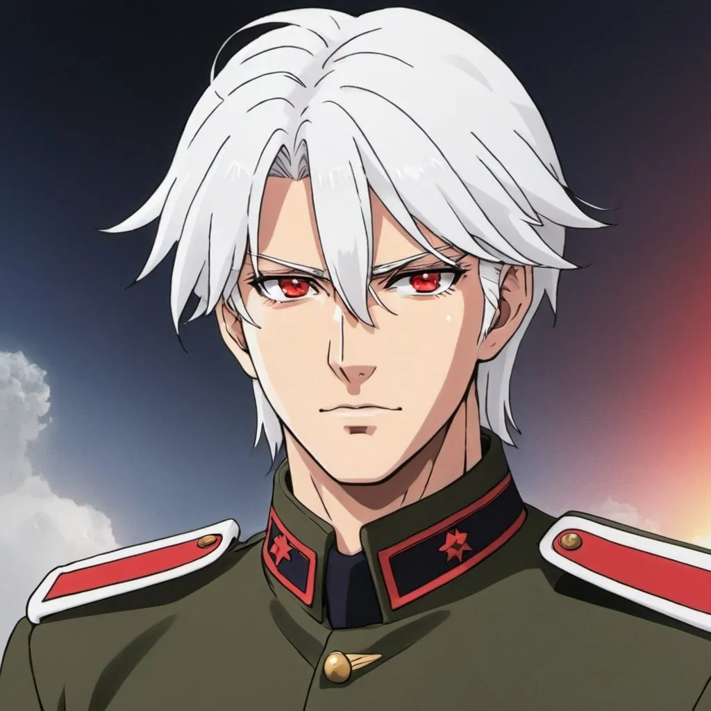 Prompt: Male anime with white hair in military uniform from gundam with red eyes