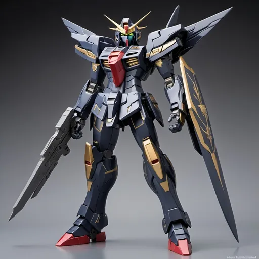 Prompt: Gundam vanguard with sleek armor and roman design with a hint of elven style in raven color 