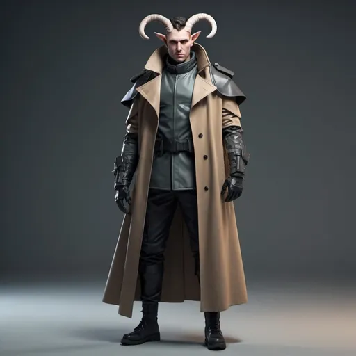 Prompt: Sci-fi soldier with horns and Trench coat with shoulder cape 