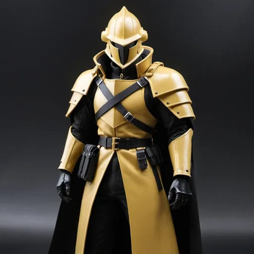 Prompt: Zeon soldier in trench coat with Knight helmet in black and gold