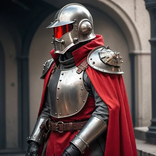 Prompt: Dieselpunk soldier with Knight helmet and has on a scarlet shoulder cape with dieselpunk power armor 