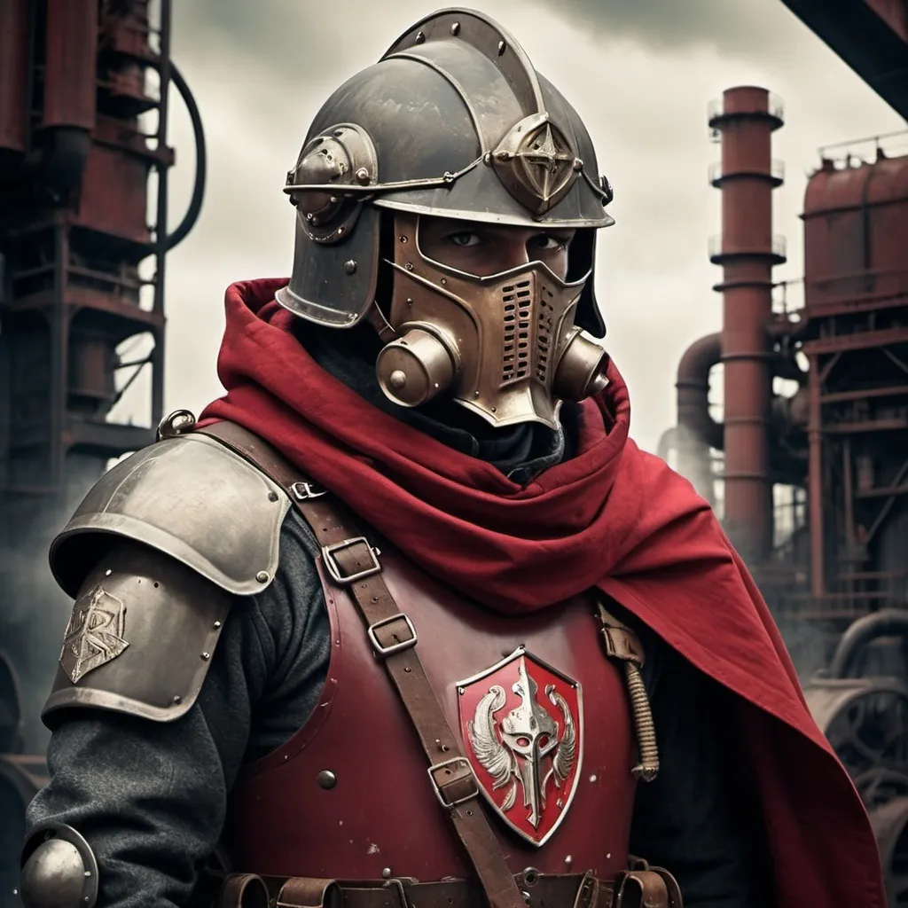 Prompt: Dieselpunk soldier with Knight Helmet and Crimson shoulder cape and hood