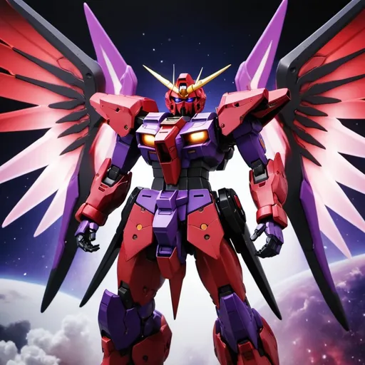 Prompt: Gundam devil with energy wings in red and purple and black with halo