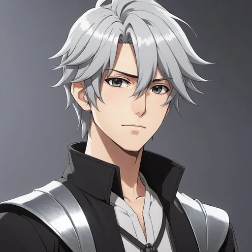 Prompt: Anime male protagonist with silver and black hair
